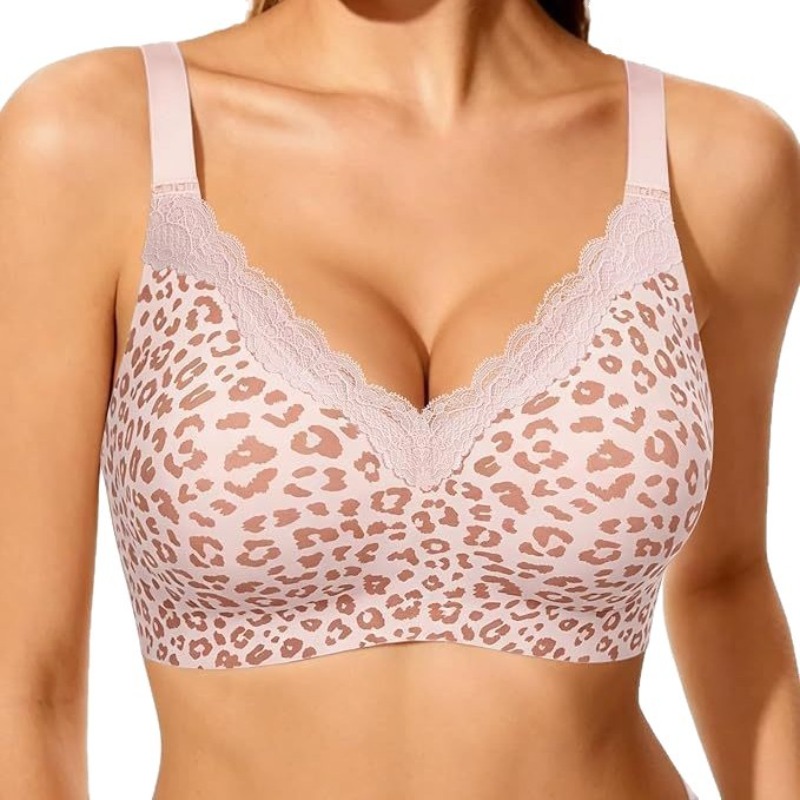 Wirefree Bra Comfort - 핑크 레오파드 프린트 레이스 와이어프리 심리스