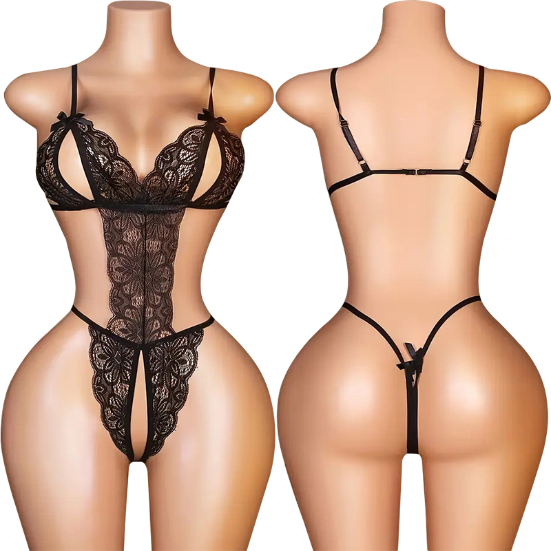 Lace Bralette Set - 여성용 섹시한 크로치리스 란제리, 레이스 리본