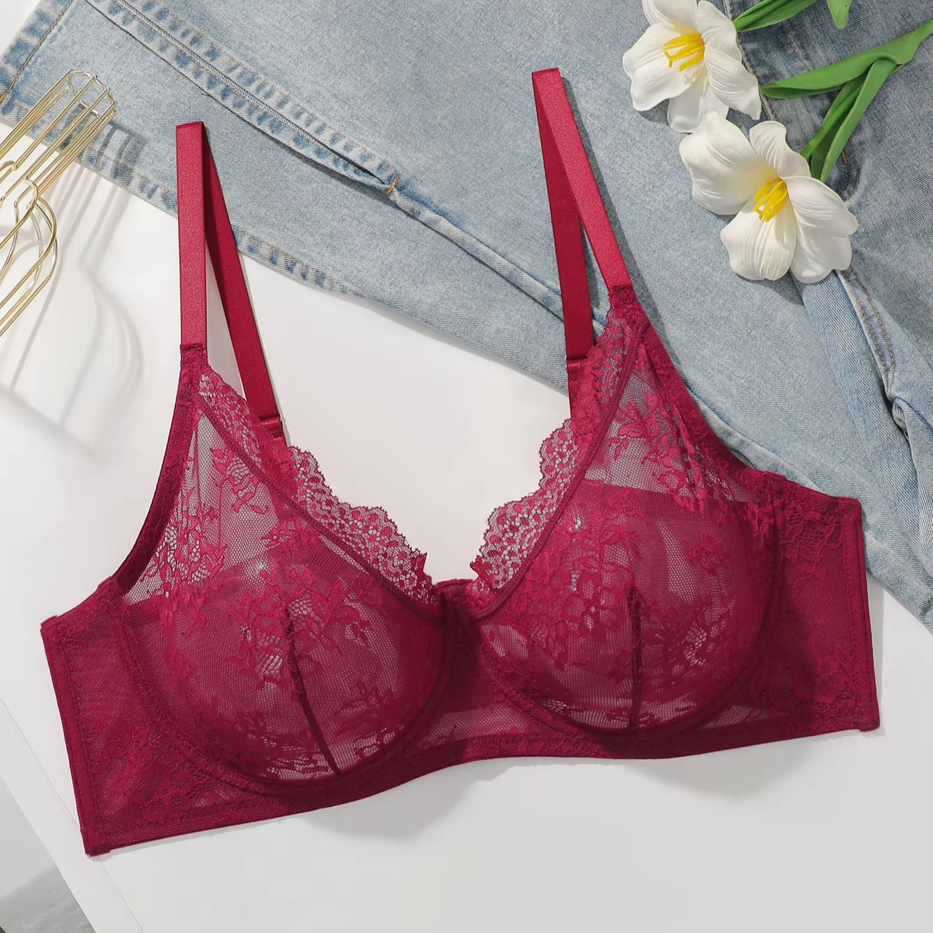 여성 플러스 사이즈 레드 레이스 시스루 브라 언더와이어 - Sheer Mesh Bra 리뷰 및 가격